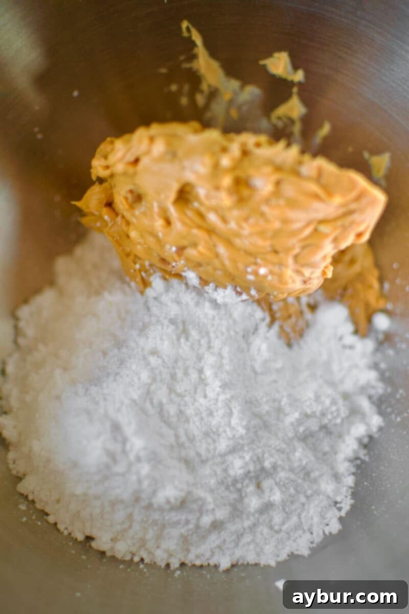 Peanut Butter Paradise Pie 8 Powdered sugar and peanut butter placed in a stand mixer bowl, ready to be blended for the crumbly topping.