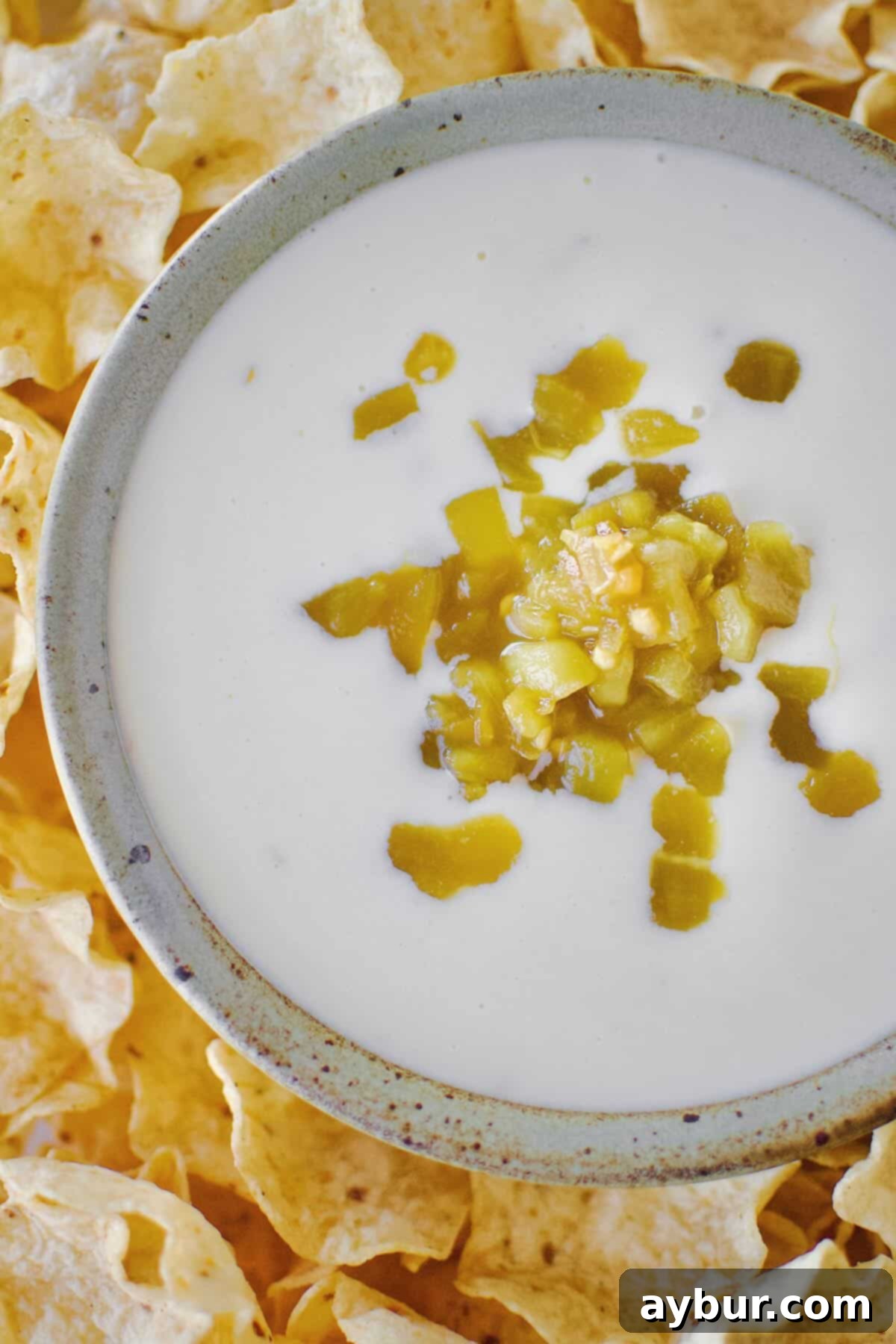 White Queso Dip in a bowl, surrounded by chips, topped with green chilis.
