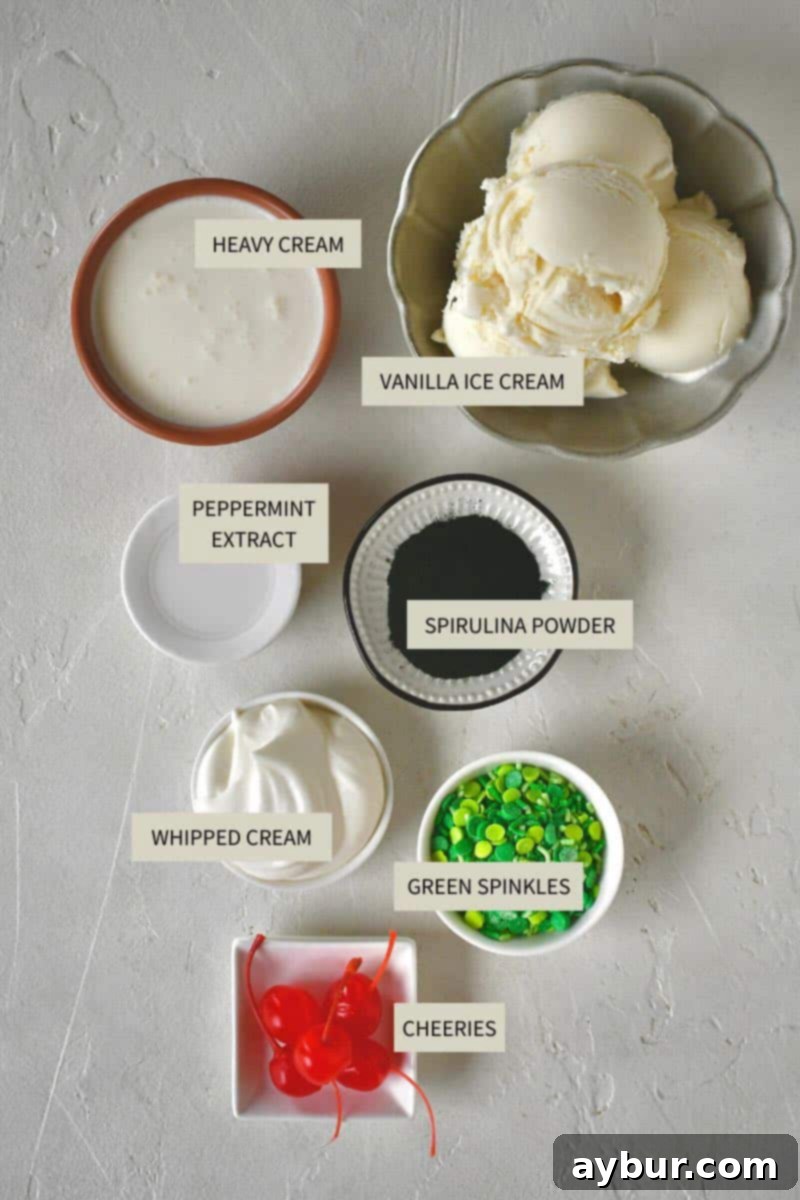 Copycat Shamrock Shake 3 A collection of ingredients laid out on a marble surface, including vanilla ice cream, heavy cream, peppermint extract, and spirulina powder, essential for making a homemade Shamrock Shake.