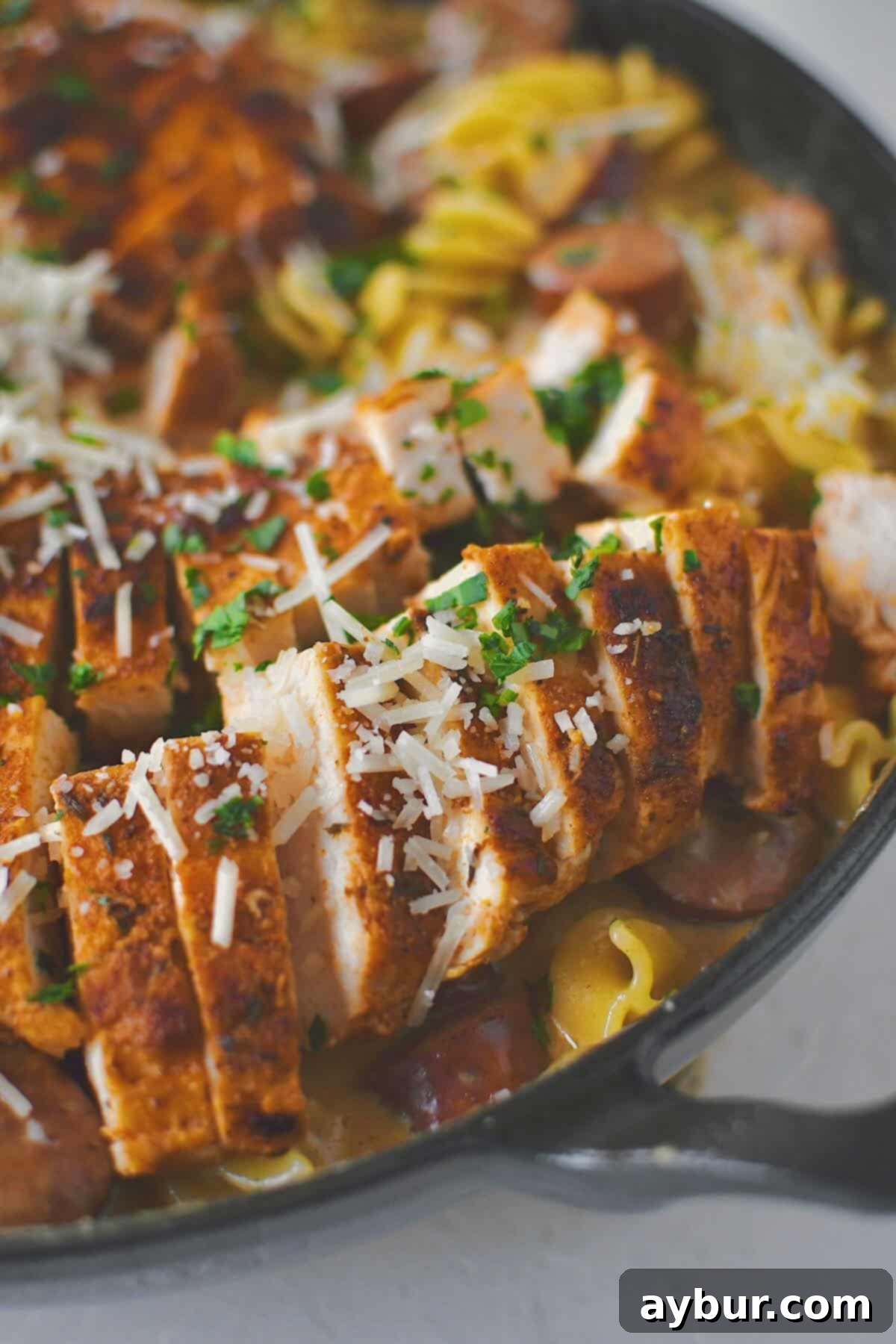 Cajun Chicken Alfredo, rich and creamy, served directly from the pan with perfectly seared chicken strips on top, garnished with fresh parsley.
