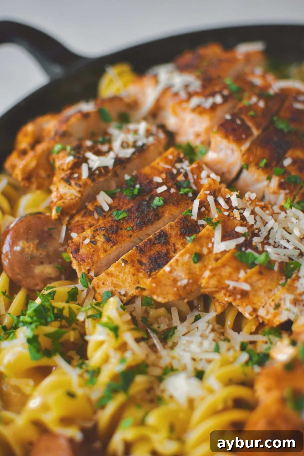 Close-up of Cajun Chicken Alfredo served in a skillet, showcasing the creamy sauce, pasta, sliced chicken, and a garnish of parsley, ready to be enjoyed.