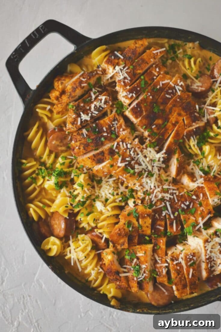 Cajun Chicken Alfredo finished in the pan with chicken on top.