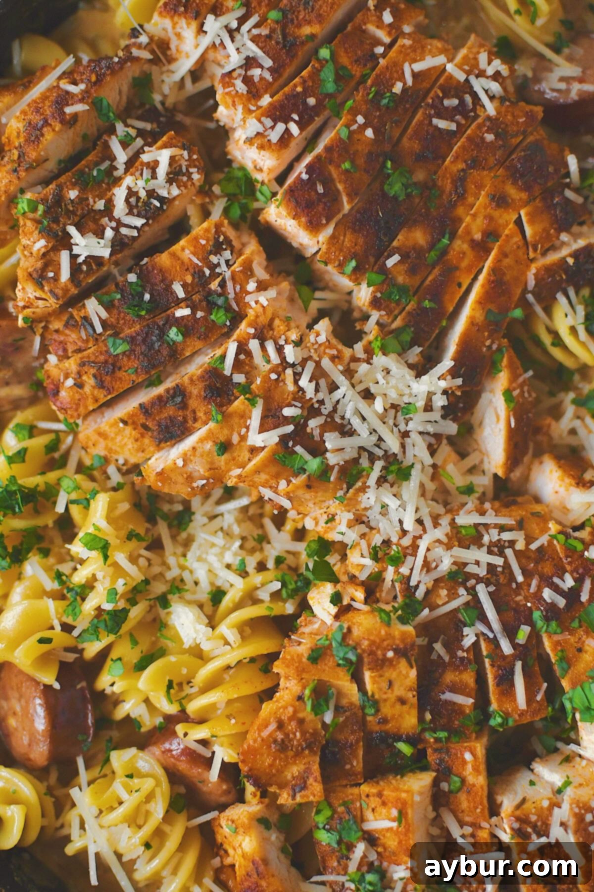 A top-down view of the finished Cajun Chicken Alfredo in a pan, garnished with fresh parsley and extra Parmesan cheese, ready to be served.