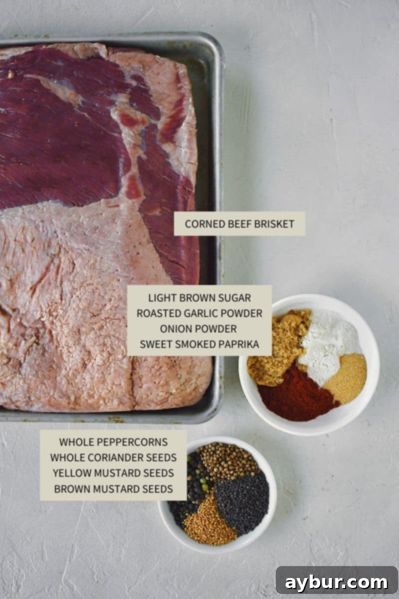 A selection of whole spices and a slab of corned beef brisket, ready to be transformed into homemade pastrami.