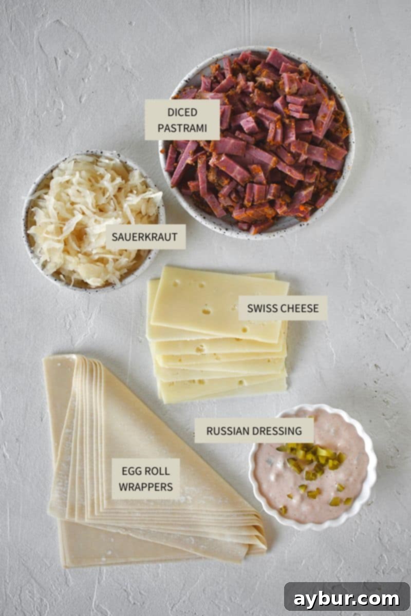 Ingredients needed to make Reuben Egg Rolls.