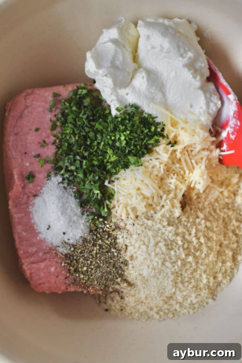 All raw ingredients including ground turkey, cheeses, herbs, and panko being placed into a large mixing bowl.
