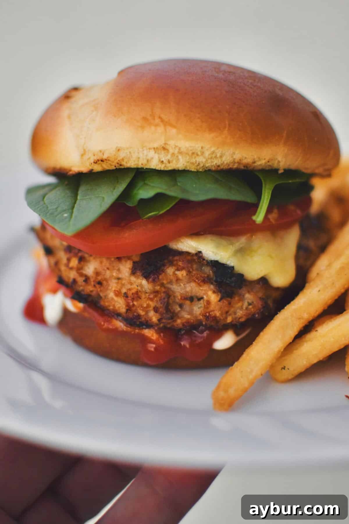 A perfectly grilled turkey burger, topped with melted white cheddar cheese, served on a bun with fresh toppings and a side of crispy fries.