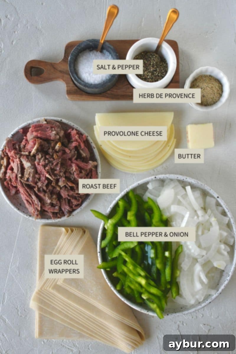 Ingredients needed to make Philly Cheesesteak Egg Rolls.