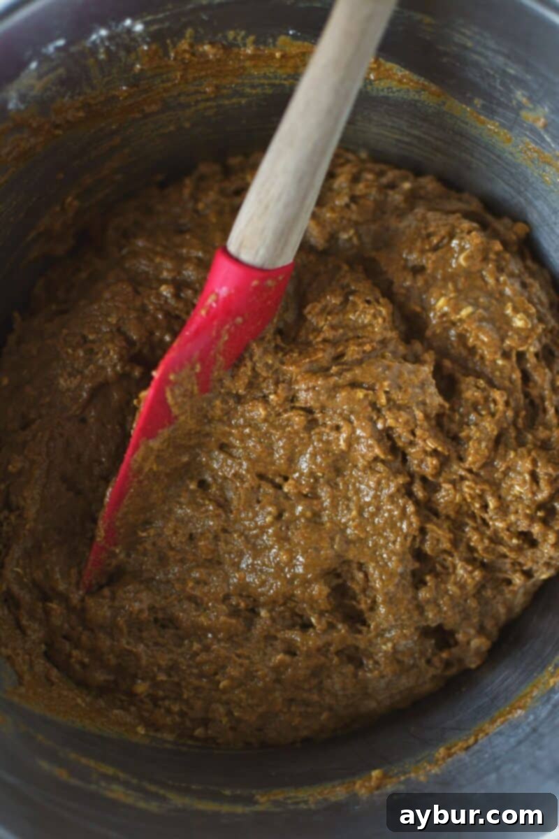 Traditional Irish Brown Bread 7 A rubber spatula is gently folding together the bread dough in a mixing bowl until just combined.