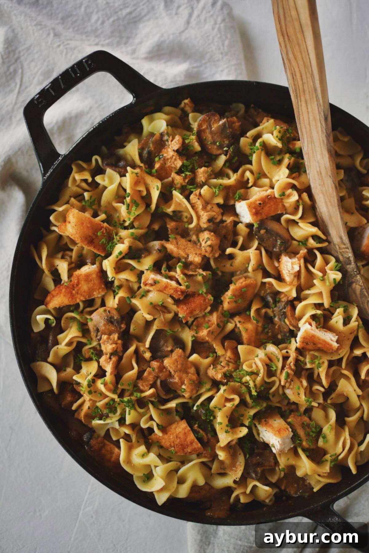 Creamy Chicken Stroganoff 13 One-pot Chicken Stroganoff finished, with pasta mixed in, ready for serving.
