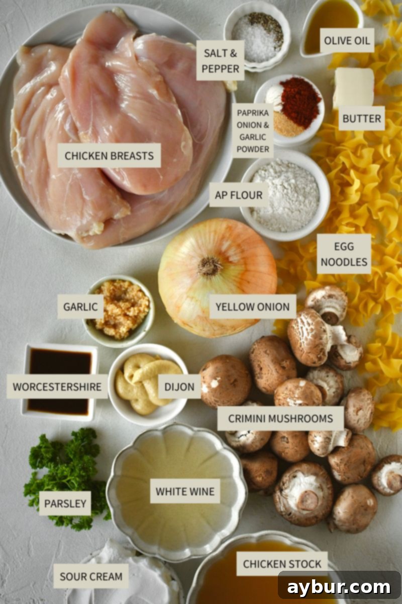 Creamy Chicken Stroganoff 3 All the ingredients laid out to make homemade Chicken Stroganoff.