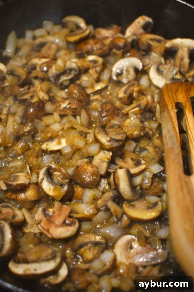 Creamy Chicken Stroganoff 7 Mushrooms have released their liquid during sautéing for the sauce.