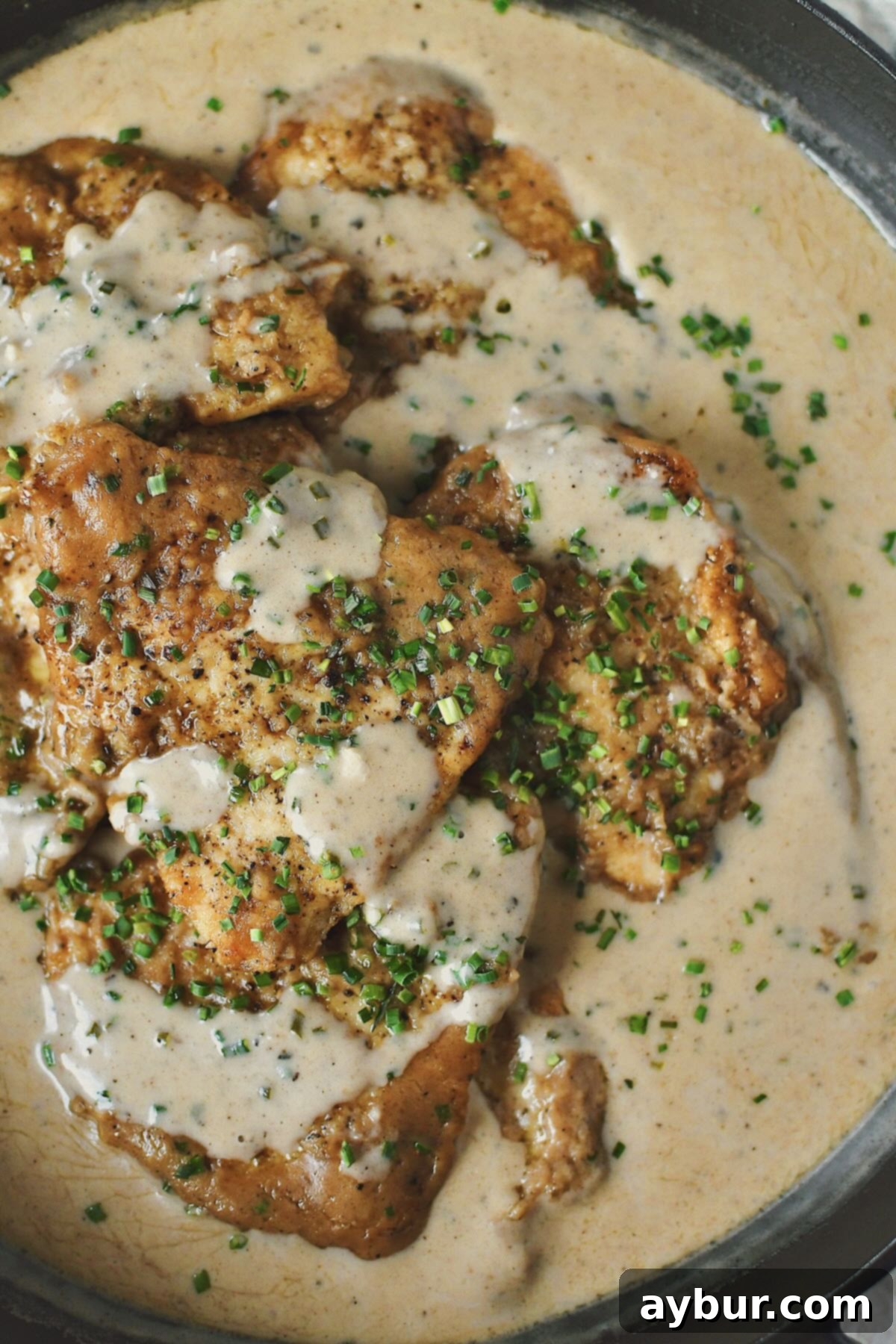 Creamy Irish Whiskey Chicken 10 A close-up of Irish Chicken in Whiskey Cream Sauce, fully cooked and richly coated, presented beautifully for serving.
