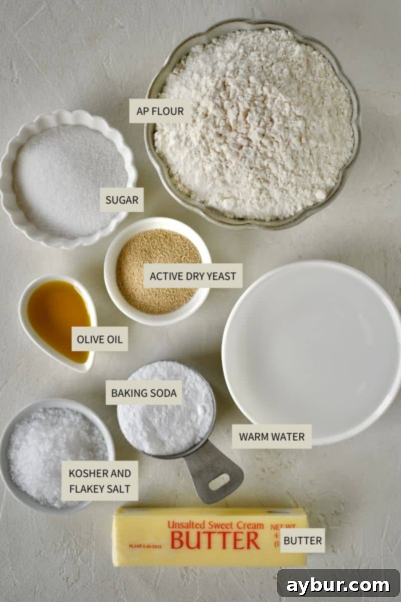 Ingredients needed to make Homemade Pretzel Bites.