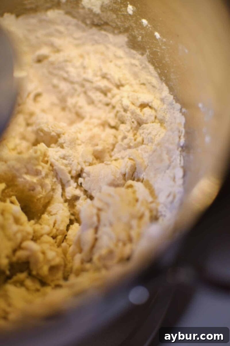 A shaggy dough forming in the stand mixer for pretzel dough.