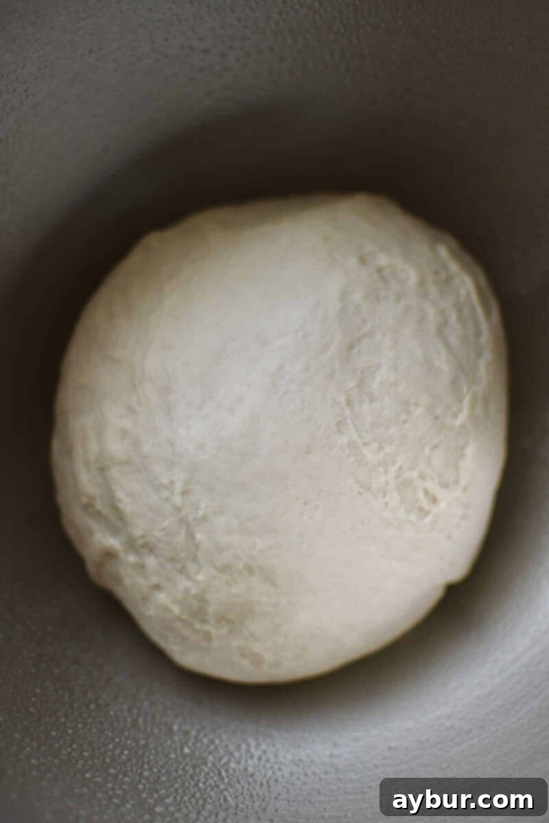 A smooth dough that has formed in the stand mixer for pretzel dough.
