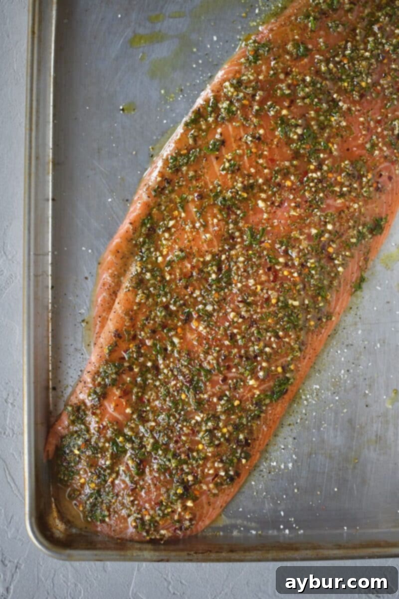 Zesty Greek Salmon 7 Side of salmon with marinade spread over it.