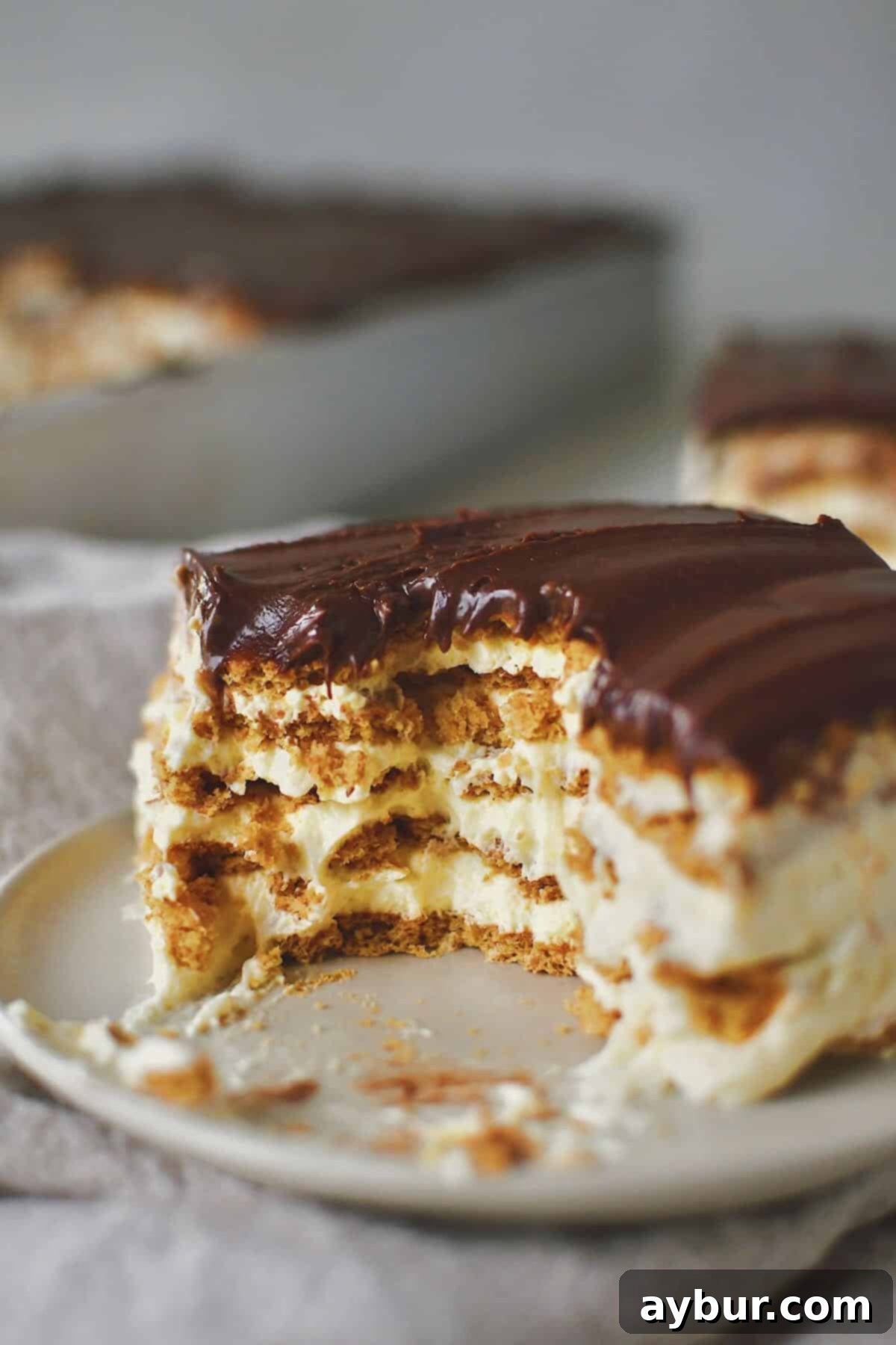 A perfectly sliced Eclair Cake, revealing its beautiful layers of graham cracker, creamy filling, and chocolate topping.