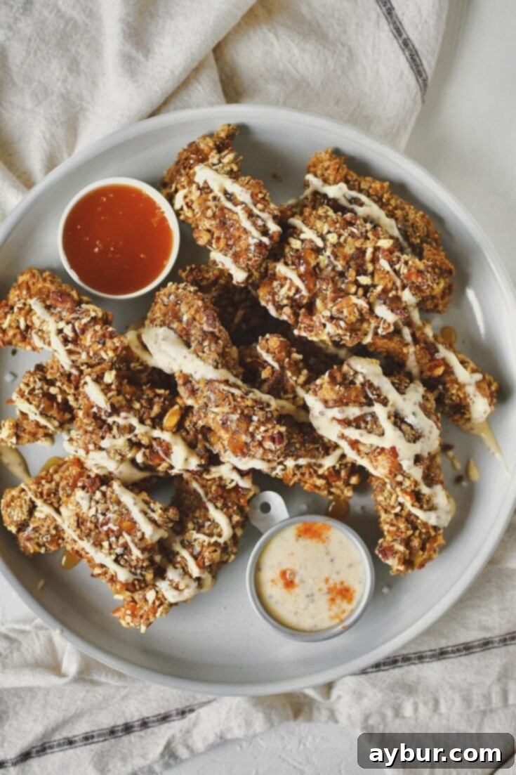 Crispy Pecan Chicken 9 Pecan Crusted Chicken on a platter, served with honey and honey mustard dressing drizzled on top and on the side.