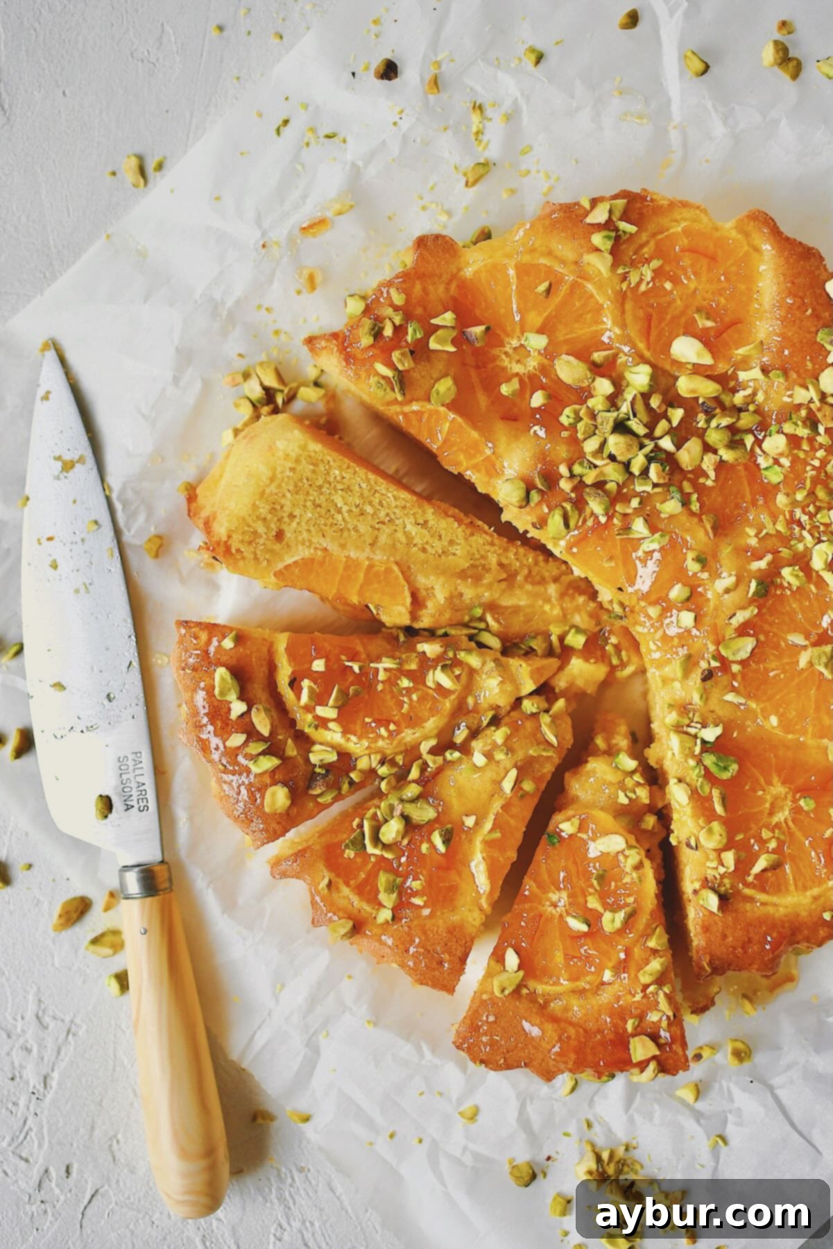 A perfectly sliced Tangerine Cake, ready to be enjoyed, showcasing its moist texture and vibrant citrus topping.