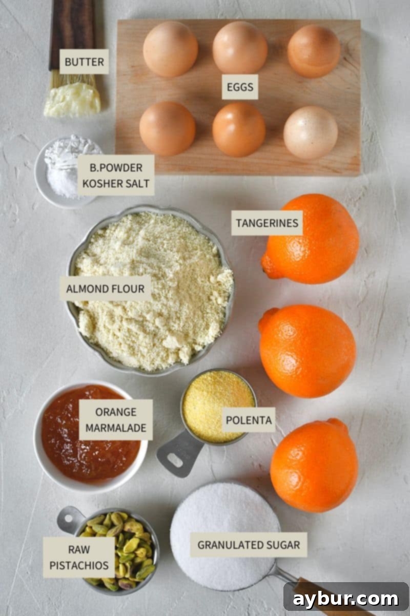 All the fresh ingredients meticulously laid out to make a delicious Tangerine Cake, including fresh tangerines, almond flour, polenta, and pistachios.