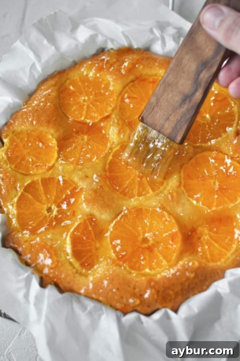 Gently brushing the warm Tangerine Cake with a luscious orange marmalade glaze, adding shine and extra citrus flavor.