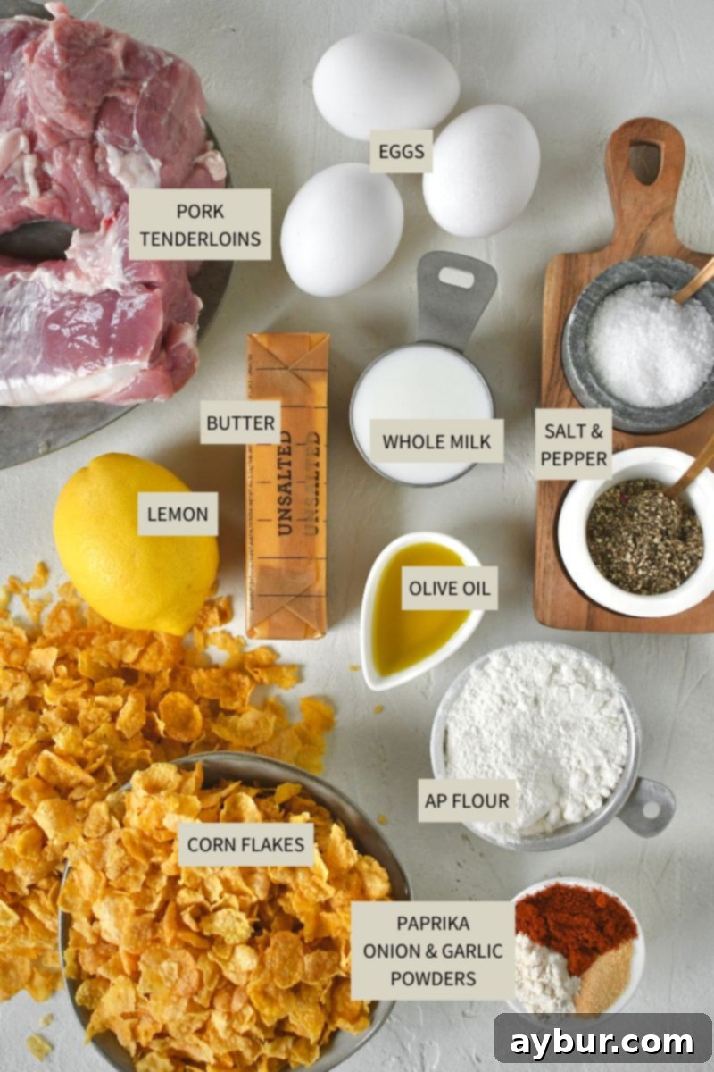 Pan-Fried Pork Perfection 3 All the fresh ingredients laid out for making Pork Schnitzel, including pork tenderloin, eggs, flour, cornflakes, and spices.