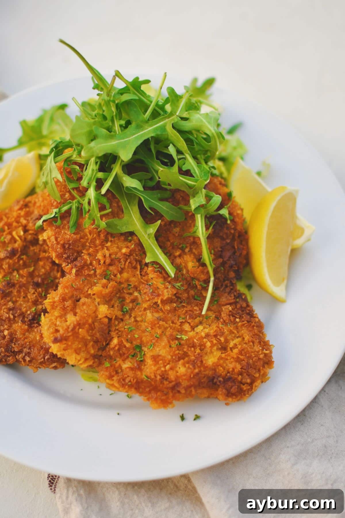 Pan-Fried Pork Perfection 8 A plate of golden-brown Pork Schnitzel, garnished with an arugula salad and fresh lemon wedges, ready for a delightful meal.