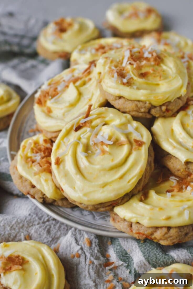 Spiced Carrot Cake Cookies 16 Carrot Cake Cookies stacked on a plate, with some toasted coconut spread over some.