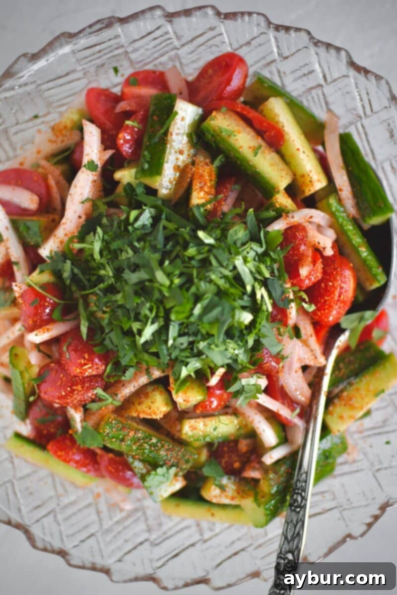Fresh Garden Medley 8 Finishing touches being added: fresh cilantro and a final sprinkle of Tajin seasoning applied to the tossed cucumber, tomato, and onion salad.
