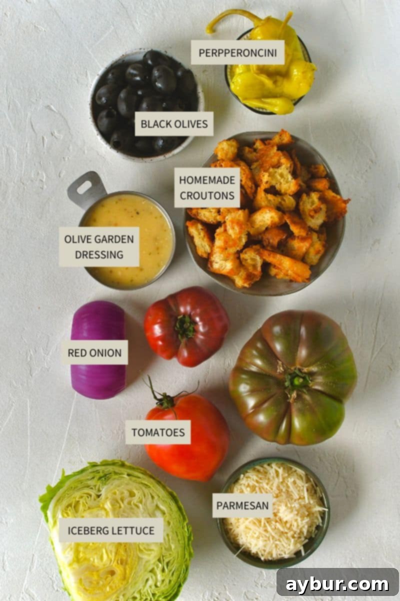 Fresh ingredients beautifully arranged for preparing the homemade Italian Salad.