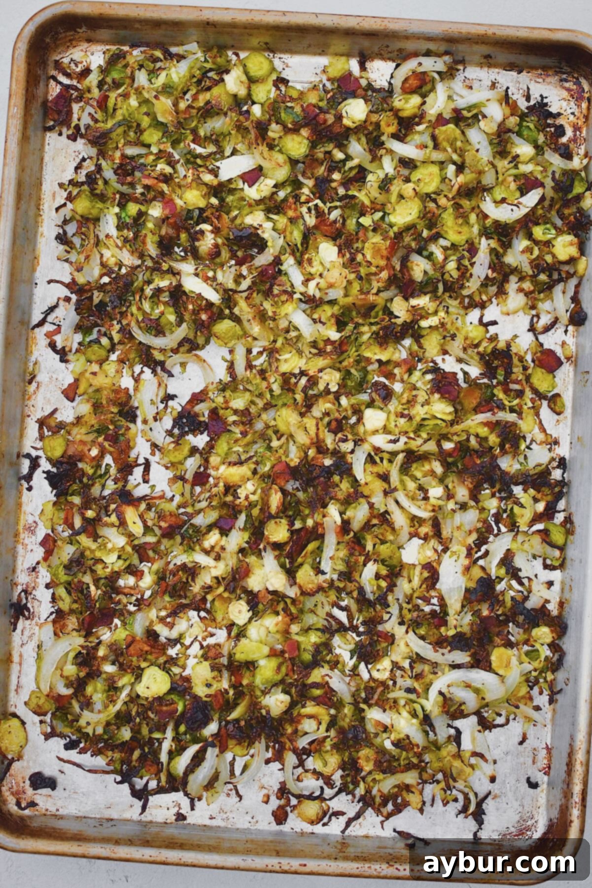 Perfectly roasted Bacon Brussels Sprouts, slightly charred and ready to eat, served on a platter.