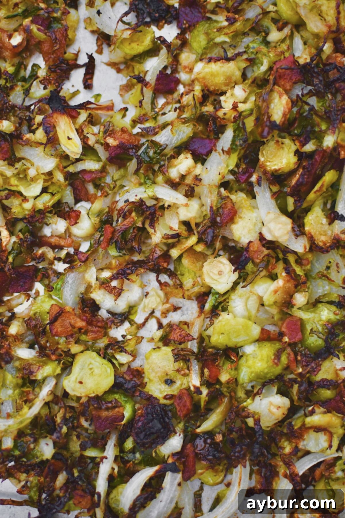 Bacon Brussel Sprouts after roasting, slightly charred and ready to eat.