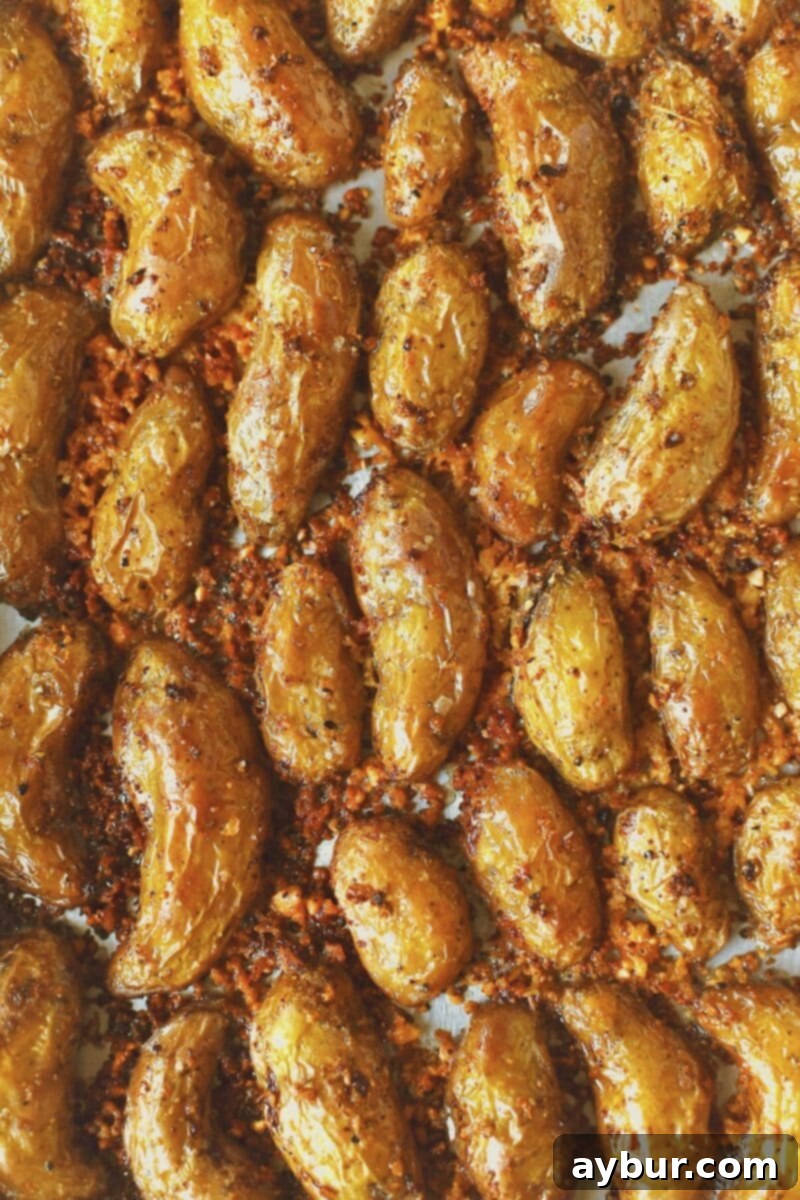Close up of seasoned potatoes, placed cut side down on a buttered sheet pan that has been dusted with parmesan cheese that have crisped during baking.