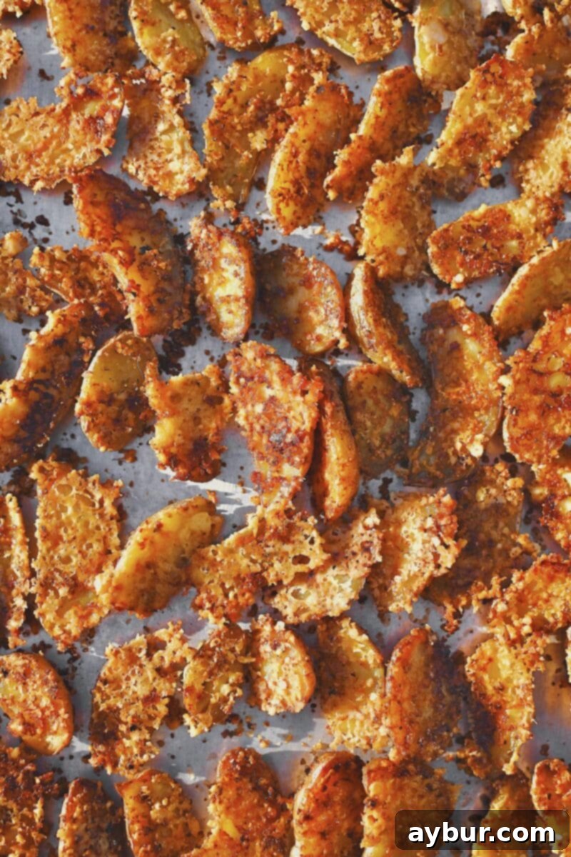 After the potatoes have baked and the parmesan has gotten crispy, let them cool on the pan for 5 minutes them flip and find the crisped cheese stuck to the potatoes.