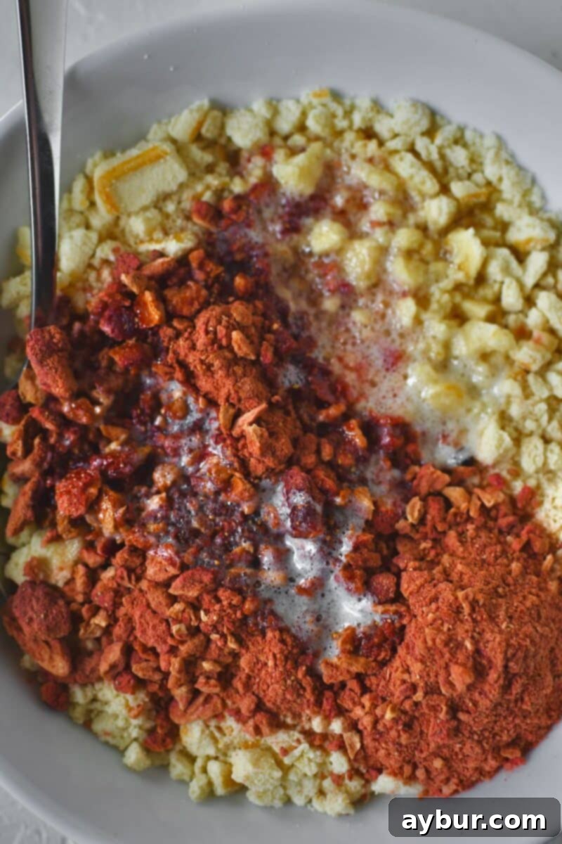 Crushed butter cookies and freeze dried strawberries in a bowl with butter added, before mixing together.