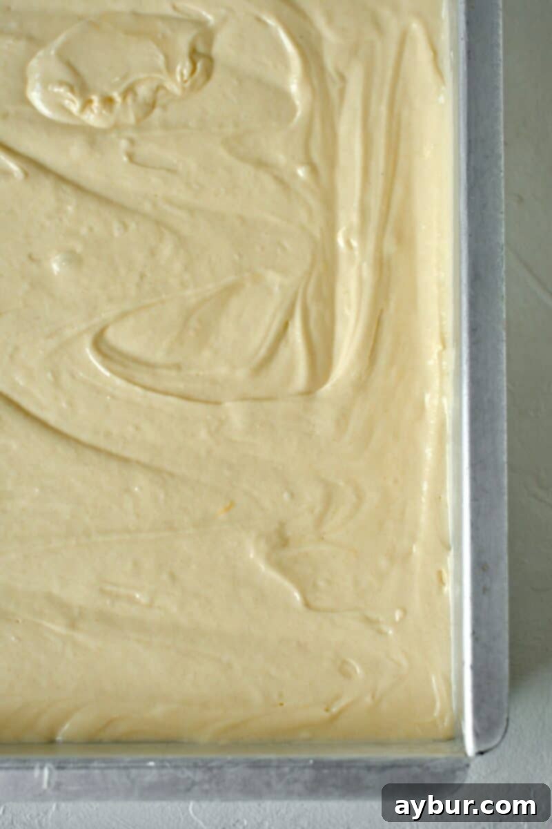 Finished yellow cake batter in the pan ready to be baked.