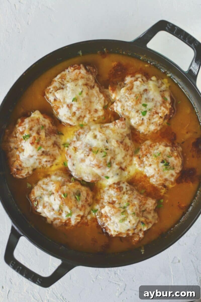 The French Onion Chicken immediately after broiling, with beautifully melted and bubbly cheese.