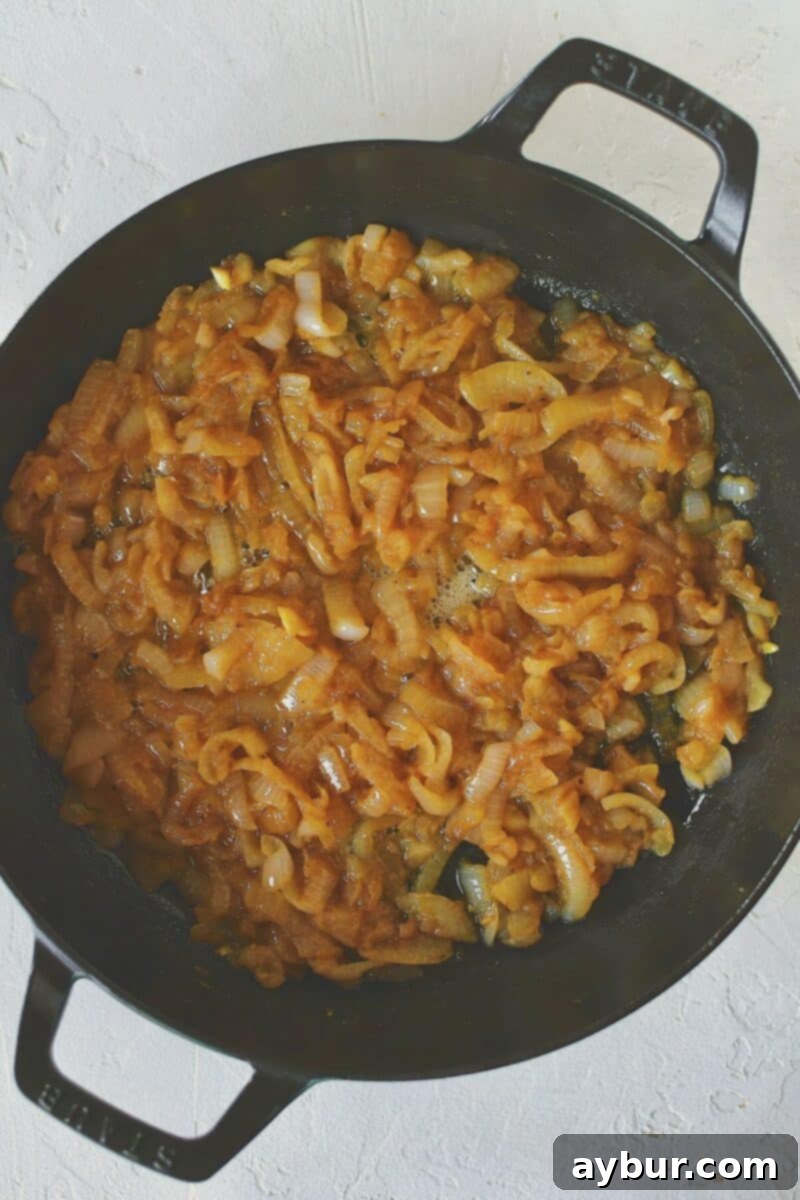 Caramelized French Onion Chicken 7 The onions after cooking for approximately 25 minutes, achieving a beautiful golden-brown, caramelized color.