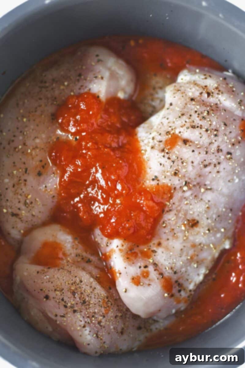 Seasoned Chicken, marinara and diced tomatoes add to the bowl of an instant pot.