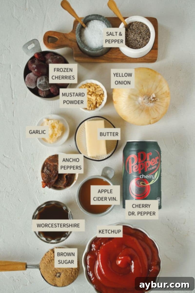 All the essential ingredients neatly laid out on a counter, ready to be combined for making Dr. Pepper BBQ Sauce.