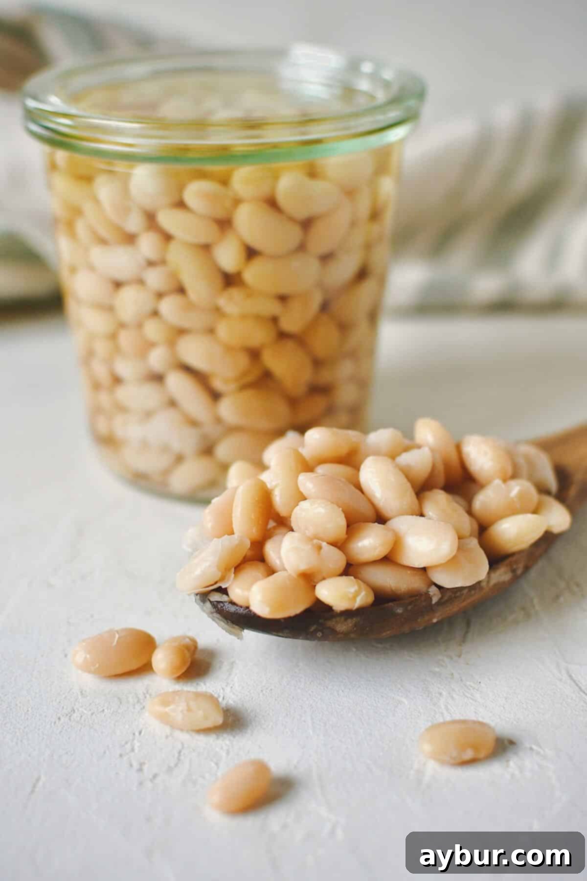 Freshly cooked Great Northern Beans, perfectly tender, stored in a clear glass jar for meal prep. A wooden spoon holds a small portion of beans, resting beside the jar on a rustic table surface.