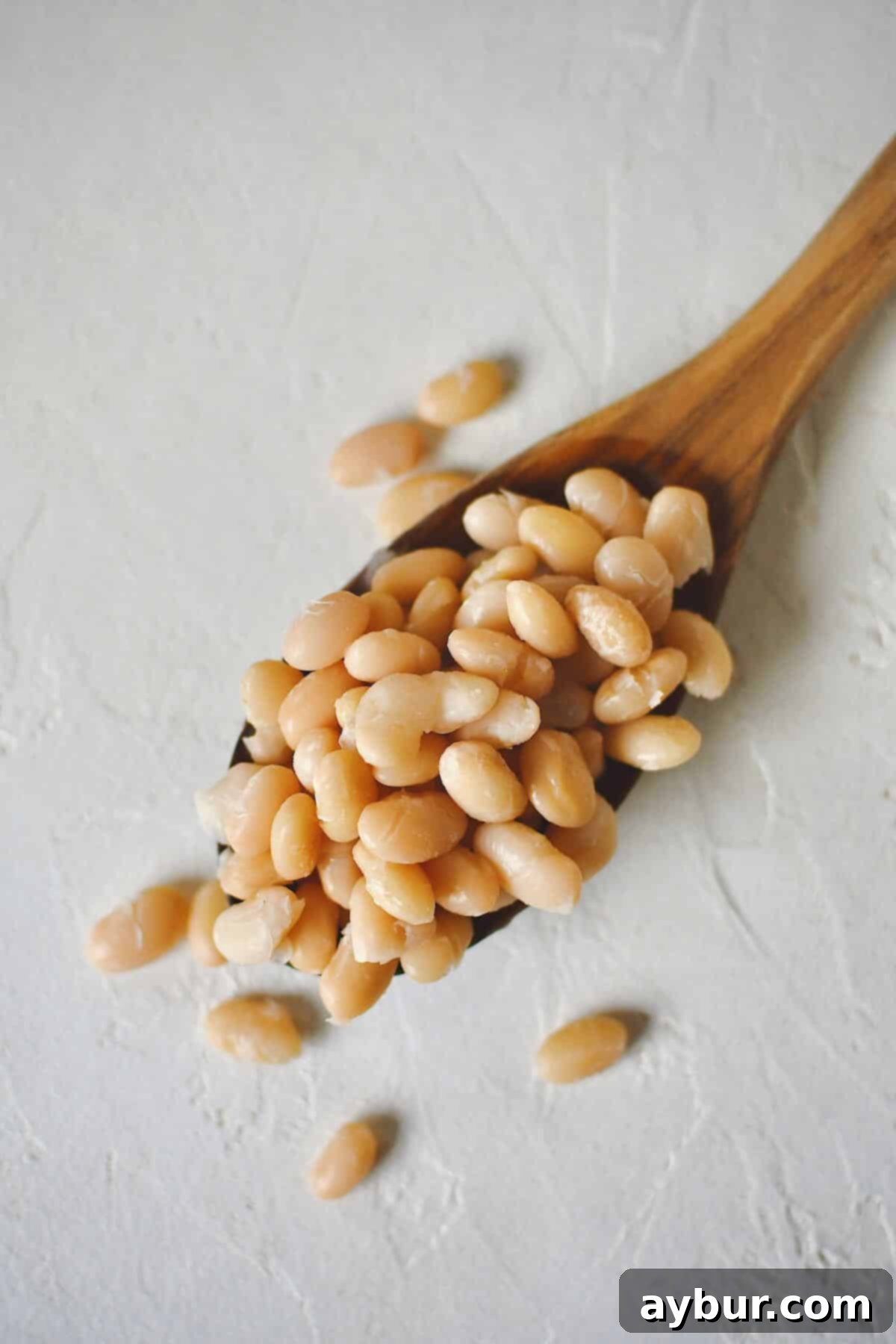 A serving of tender Instant Pot beans displayed on a wooden spoon, with more scattered around it on a clean counter, ready to be enjoyed.