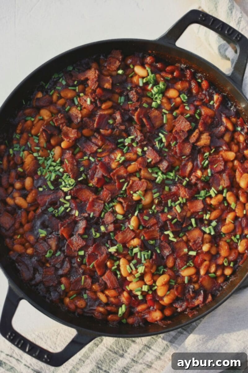 Dr. Pepper Baked Beans, just out of the oven and topped with chives.