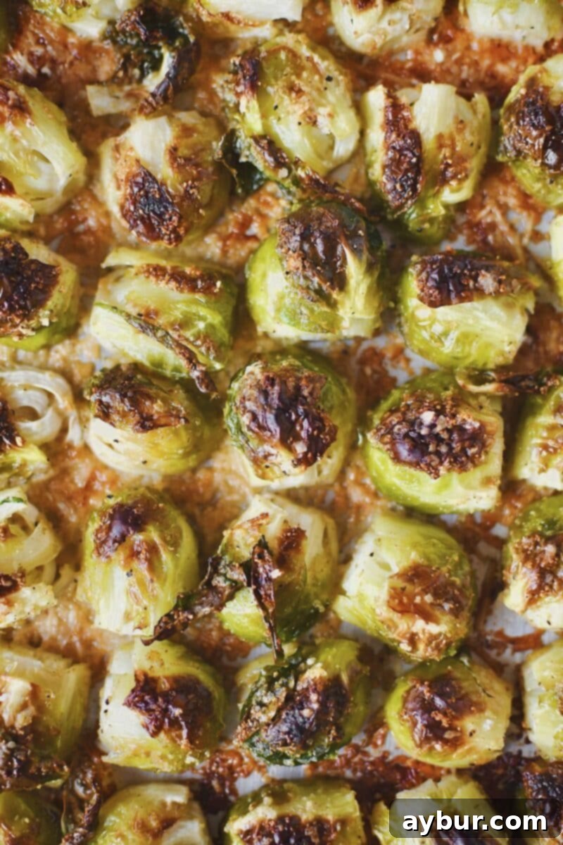 Golden-brown crispy Parmesan Brussels sprouts fresh out of the oven, with a savory, caramelized cheese crust.