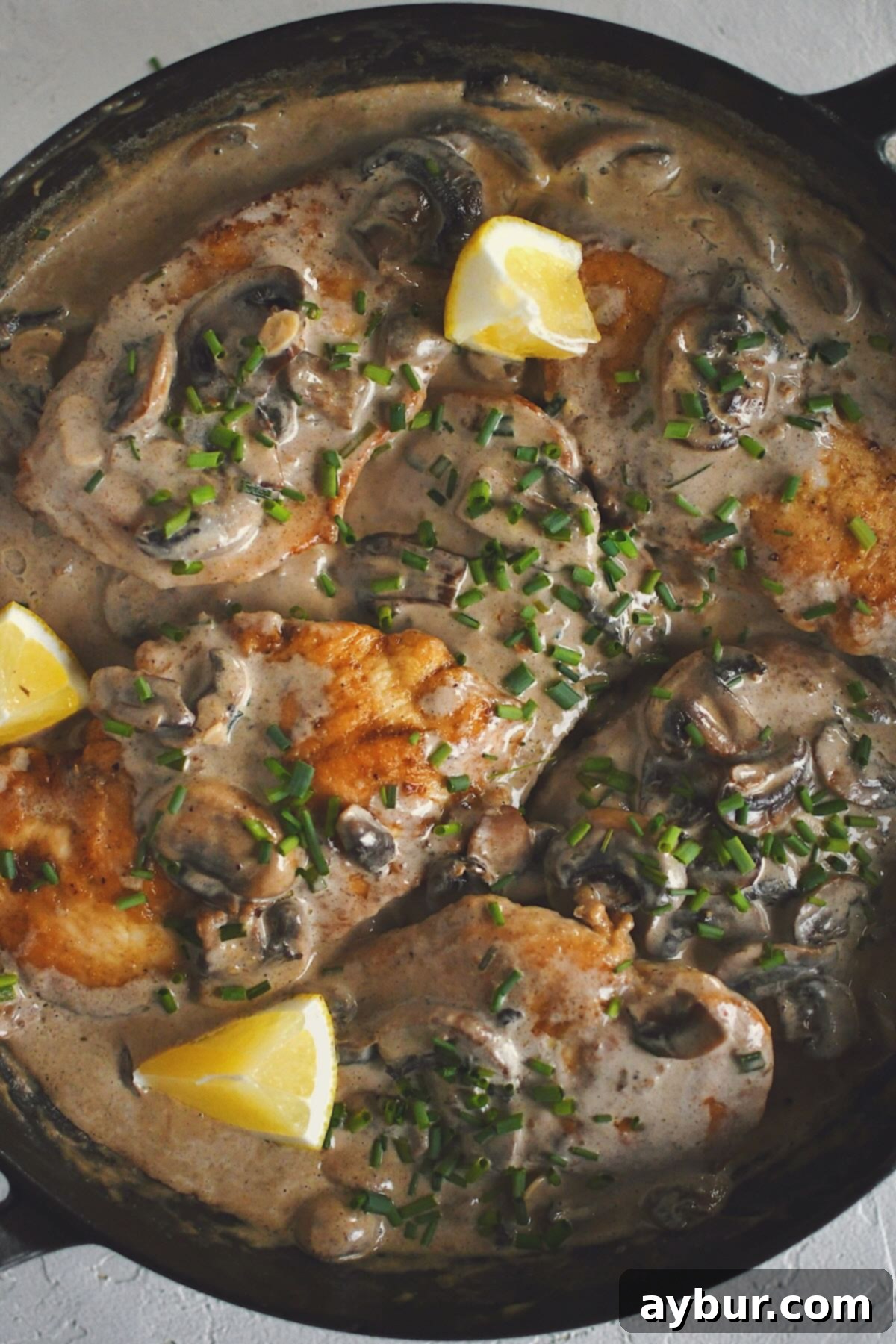 Velvety Mushroom Chicken 11 Beautifully finished creamy mushroom chicken, simmering in the pan, ready to be served with fresh chives and lemon.