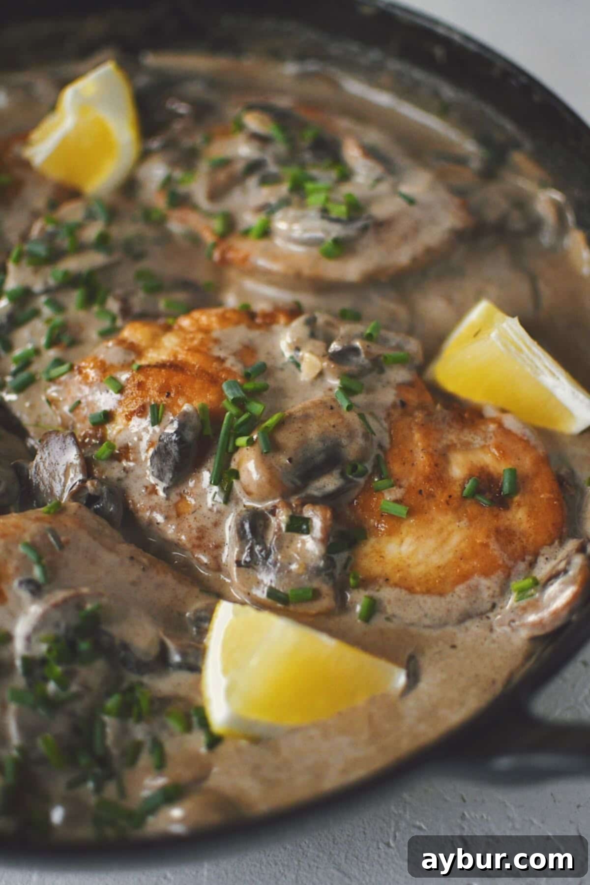 Velvety Mushroom Chicken 12 A close-up of the finished creamy mushroom chicken, generously topped with fresh chives and a glistening lemon wedge, ready to be served.