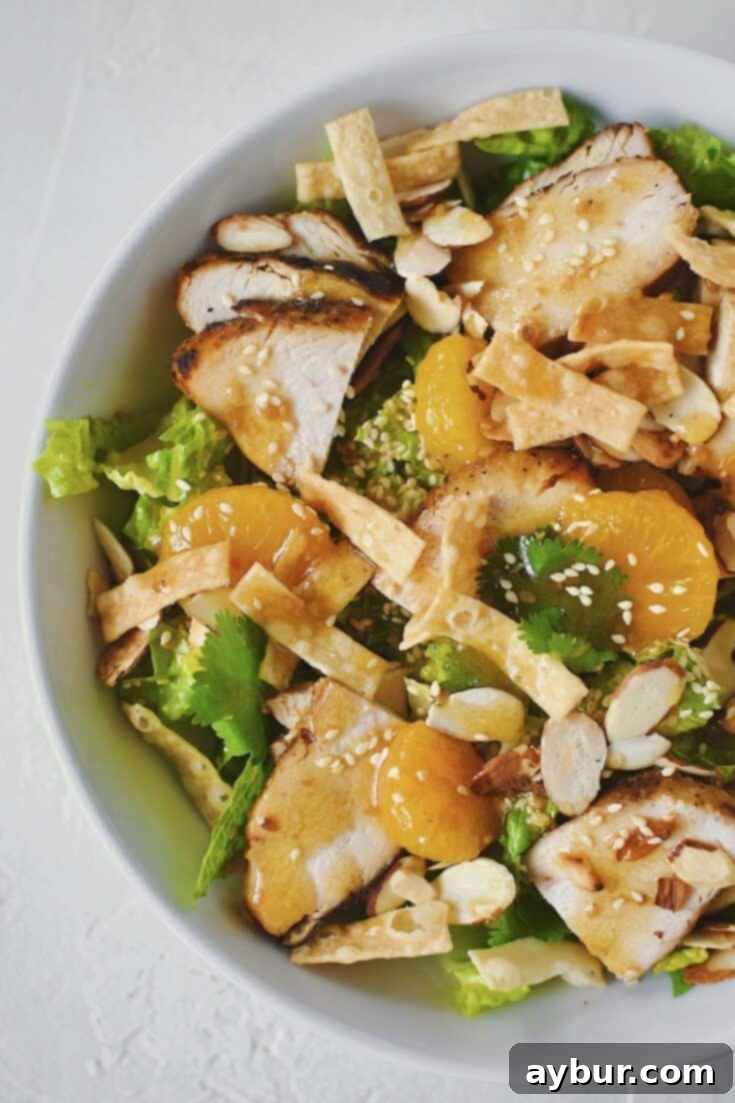 Chicken, crispy wontons, and sliced almonds are harmoniously added to the vibrant Panera Asian Sesame Salad.
