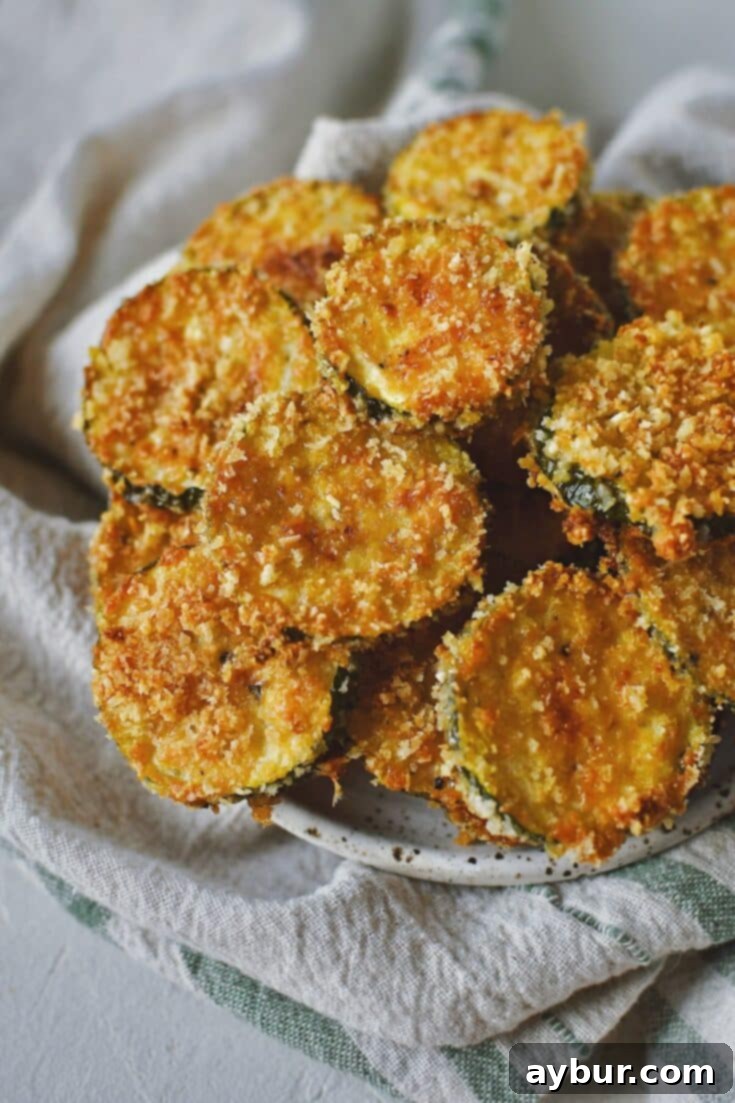 Baked Zucchini Crisps 13 A beautiful stack of golden-brown, ultra-crispy Parmesan Zucchini Chips, ready to be enjoyed as a delightful snack.