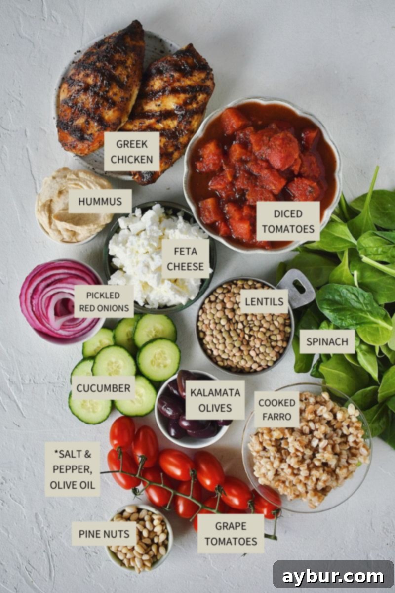 Vibrant Mediterranean Harvest Bowl 3 A vibrant selection of fresh ingredients laid out, ready to be transformed into a delicious Mediterranean Bowl.